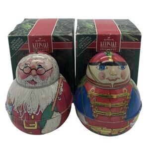Vtg 1991 Hallmark Keepsake Pressed Tin Ornaments Jolly Wolly Santa Soldier Pair